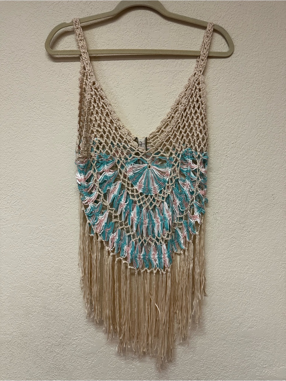 Aratta Silent Journey womans Crochet Fringe Tank Top in Beige and Teal size M